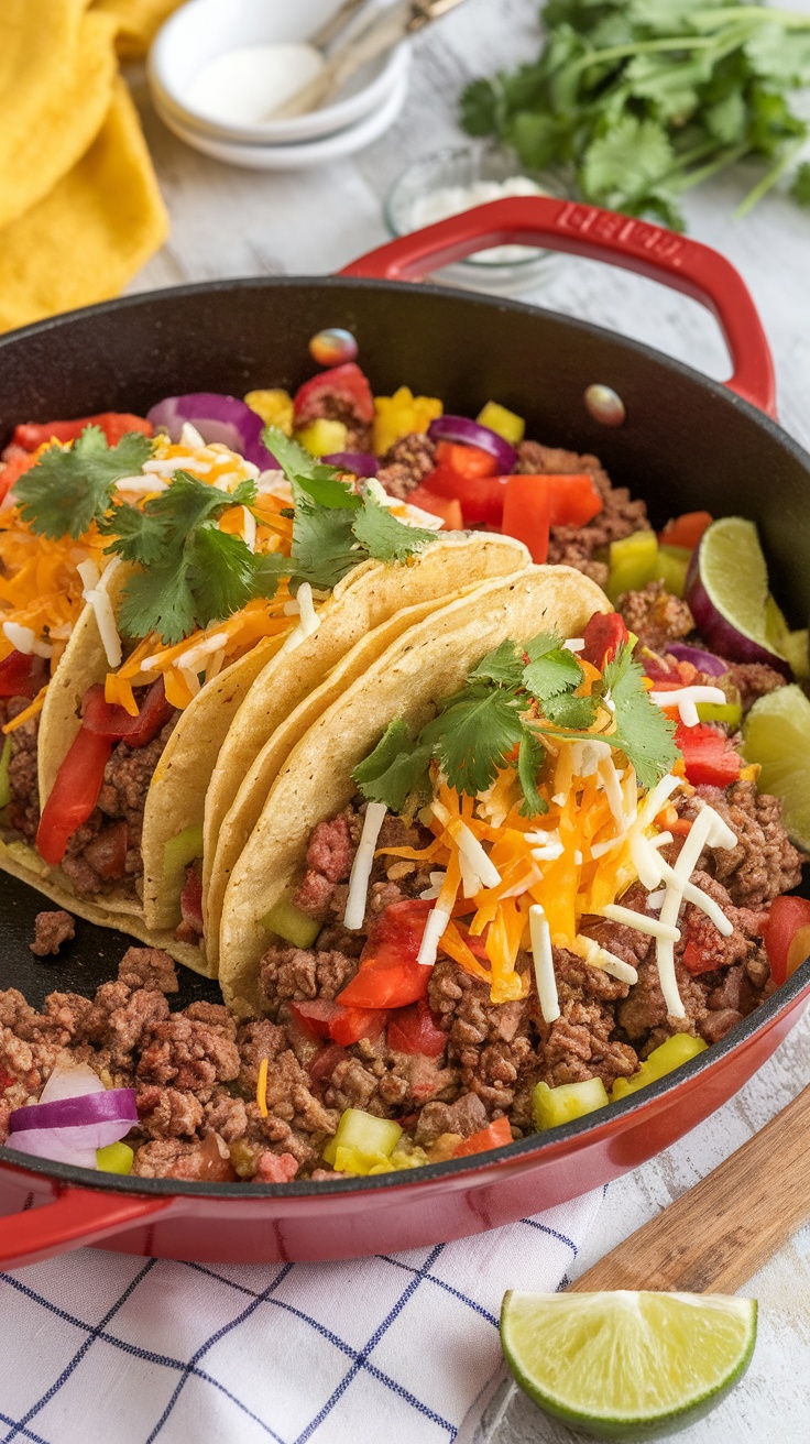 A colorful one-pan taco skillet with ground beef and fresh toppings.