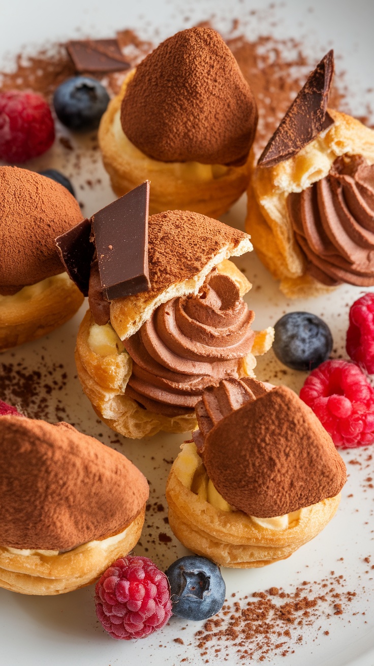 Decadent Chocolate Cream Puff Pastry Puffs Golden-brown chocolate pastry puffs filled with chocolate cream on a plate, garnished with cocoa powder and chocolate shavings.