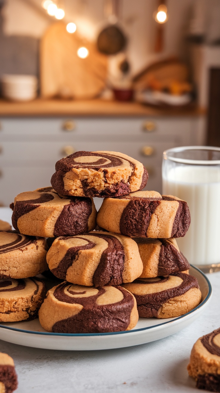 Decadent Peanut Butter Brownie Swirl Cookies A plate of Peanut Butter Brownie Swirl Cookies with rich chocolate and peanut butter swirls.