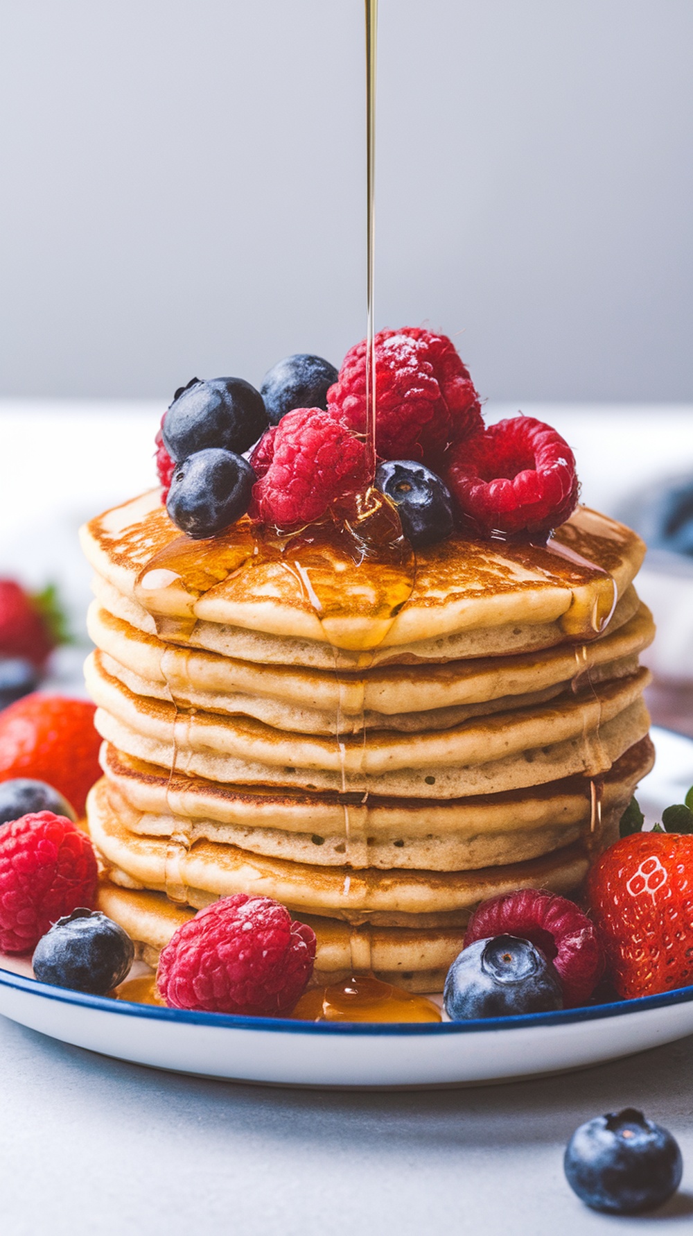 Fluffy almond flour pancakes stacked with berries on top