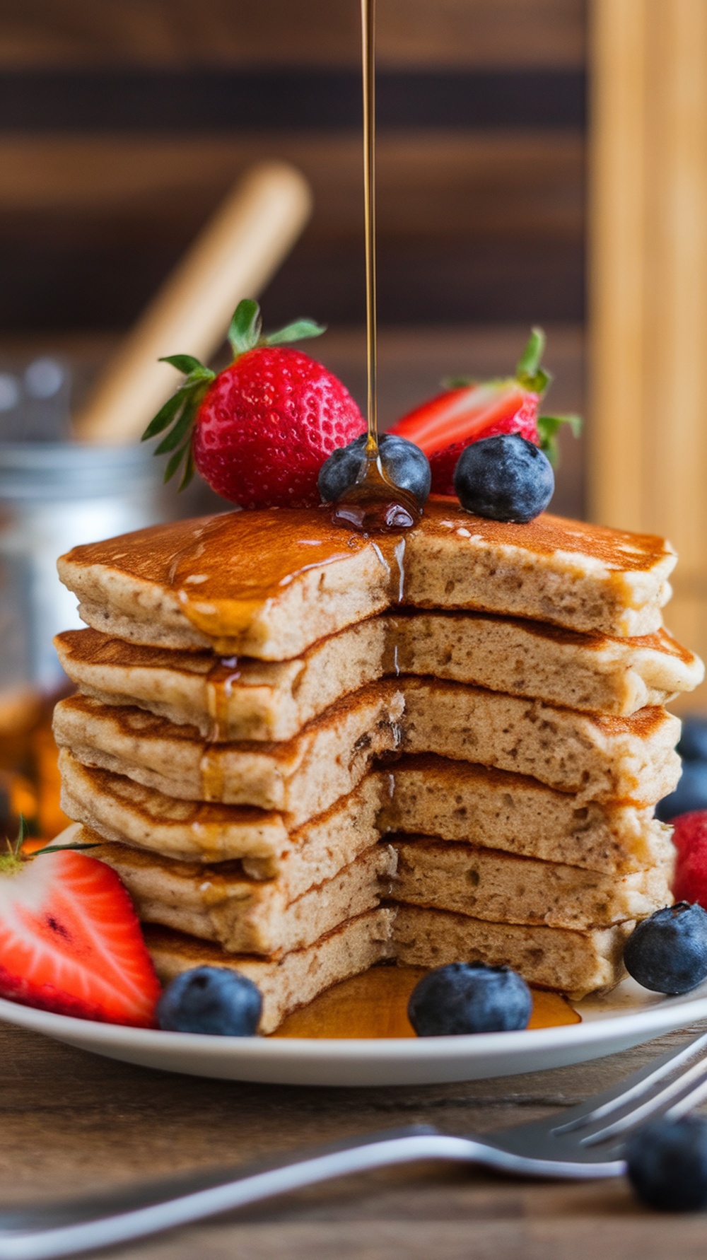 Delicious banana pancakes stacked on a plate with berries and syrup