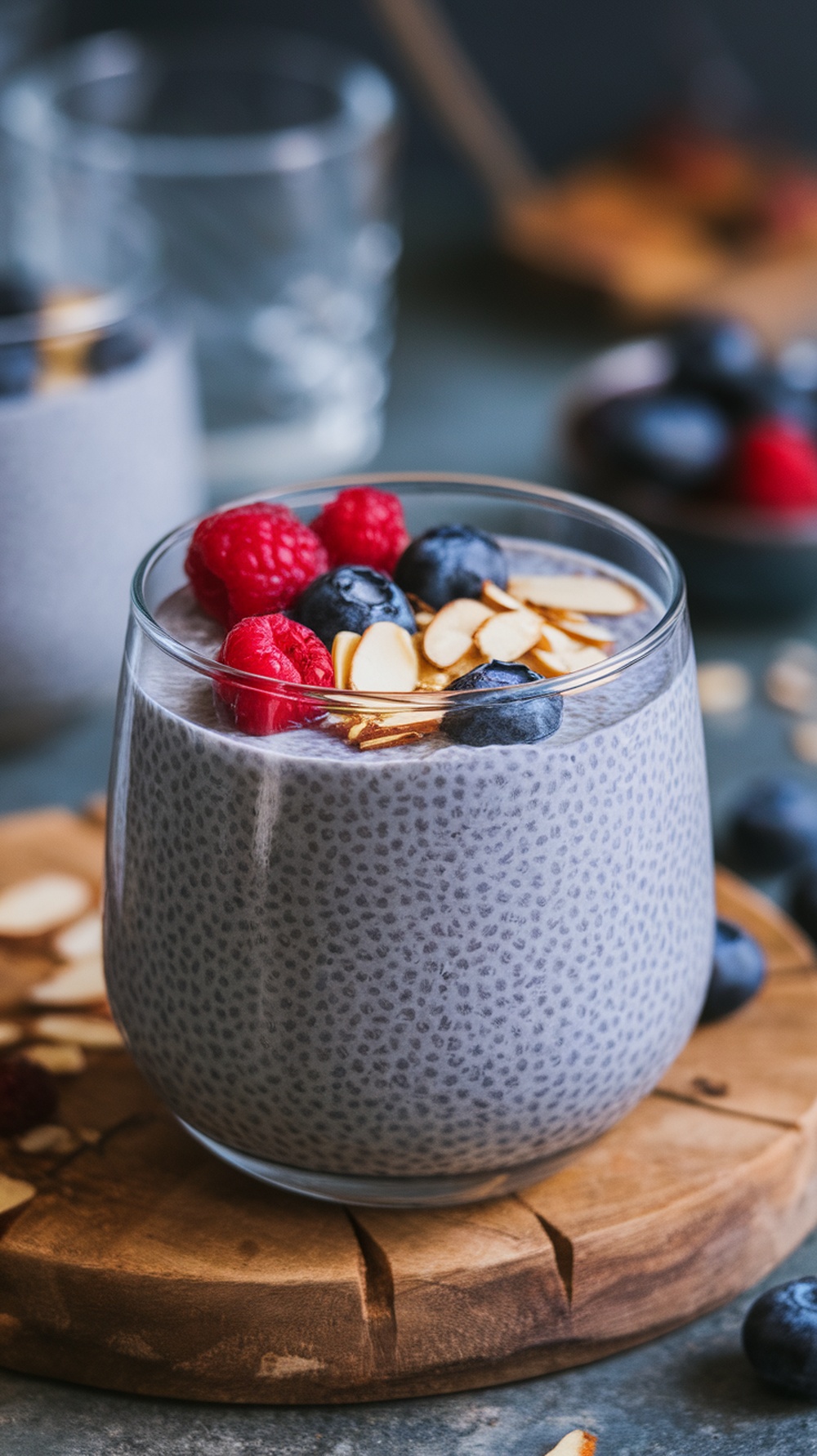 Chia seed pudding topped with berries and almonds in a glass