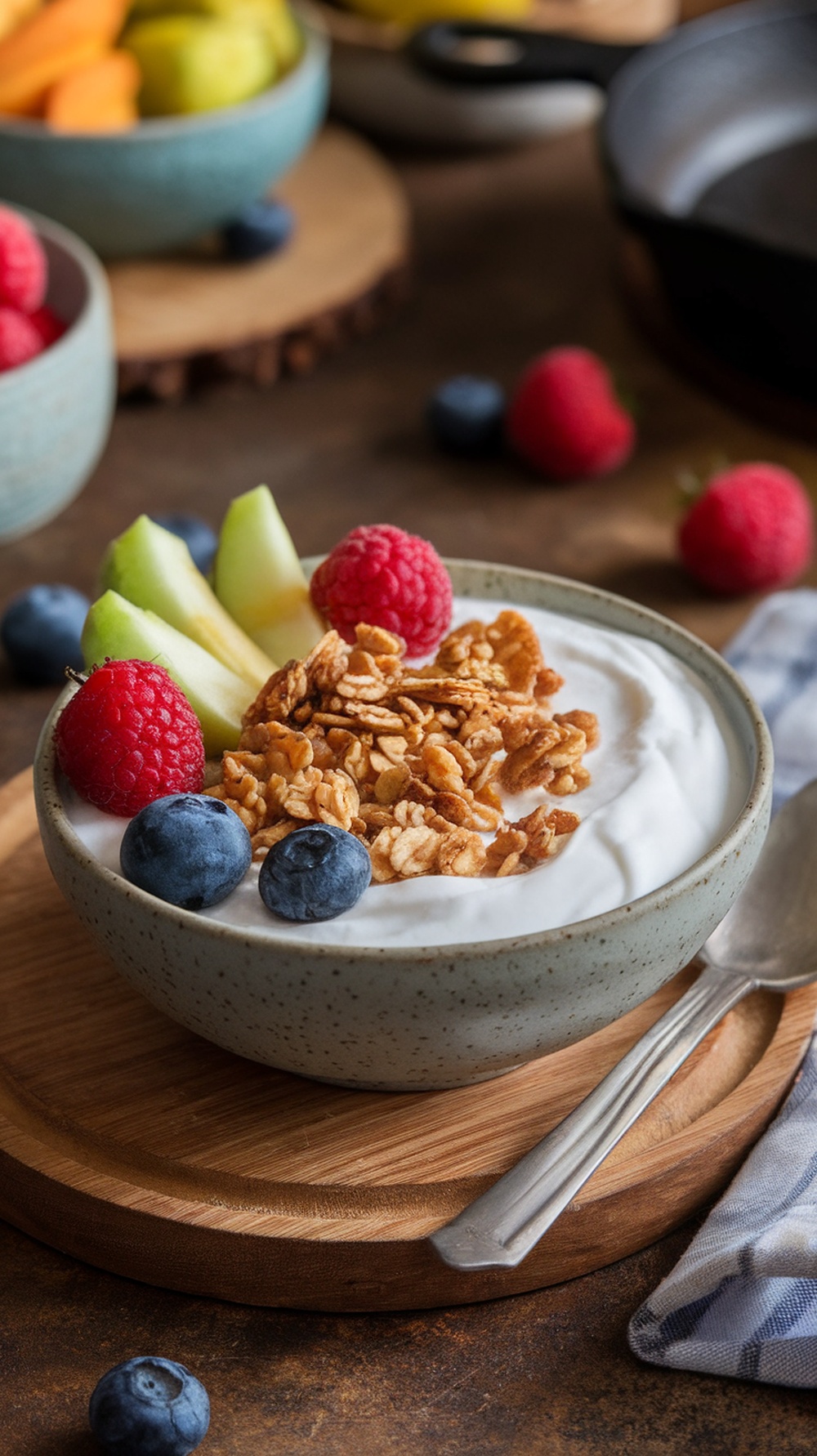 A bowl of coconut yogurt topped with granola and fresh fruits