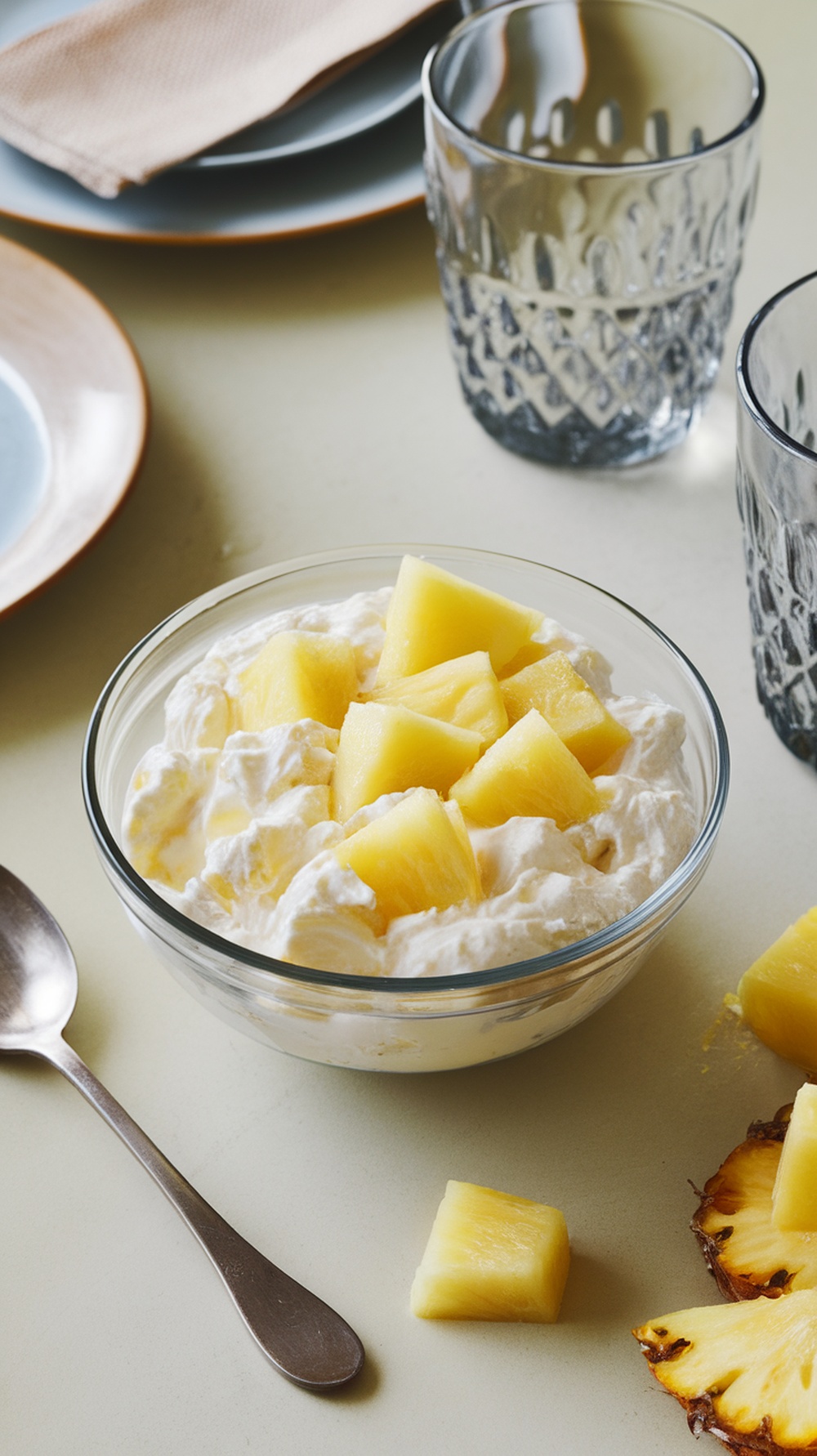 A bowl of cottage cheese topped with pineapple chunks.