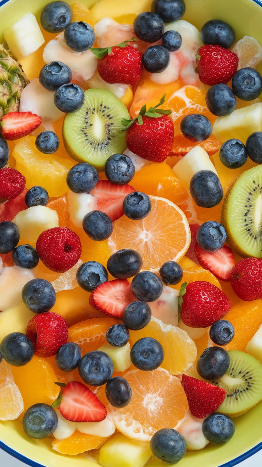 A colorful fruit salad with strawberries, blueberries, kiwi, oranges, and pineapple.