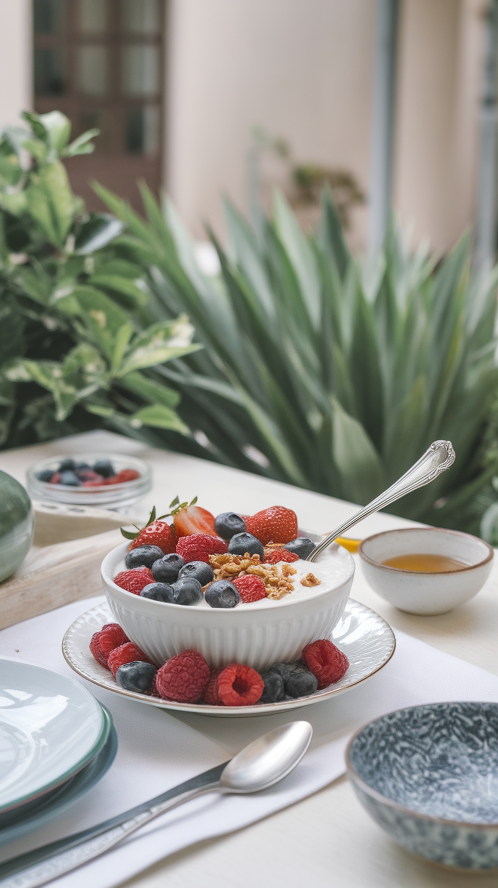 A bowl of Greek yogurt topped with fresh berries and granola on a table.