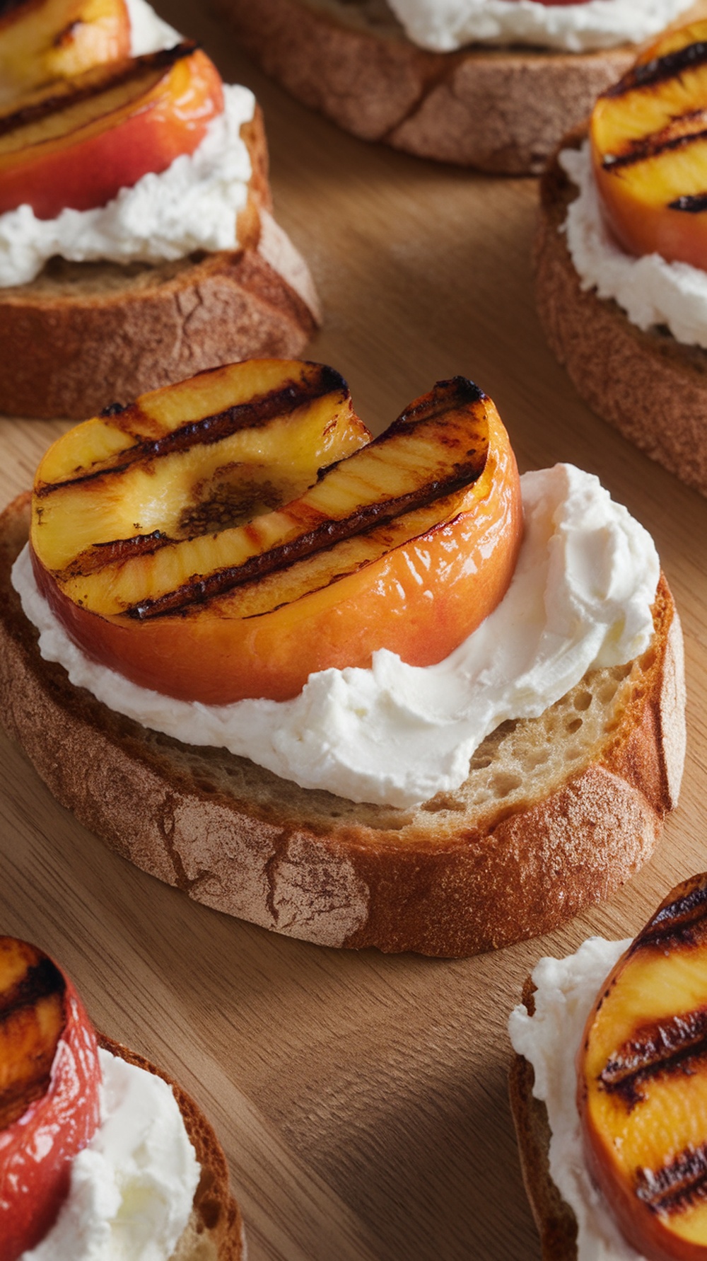 Grilled peach and ricotta toast on whole grain bread.