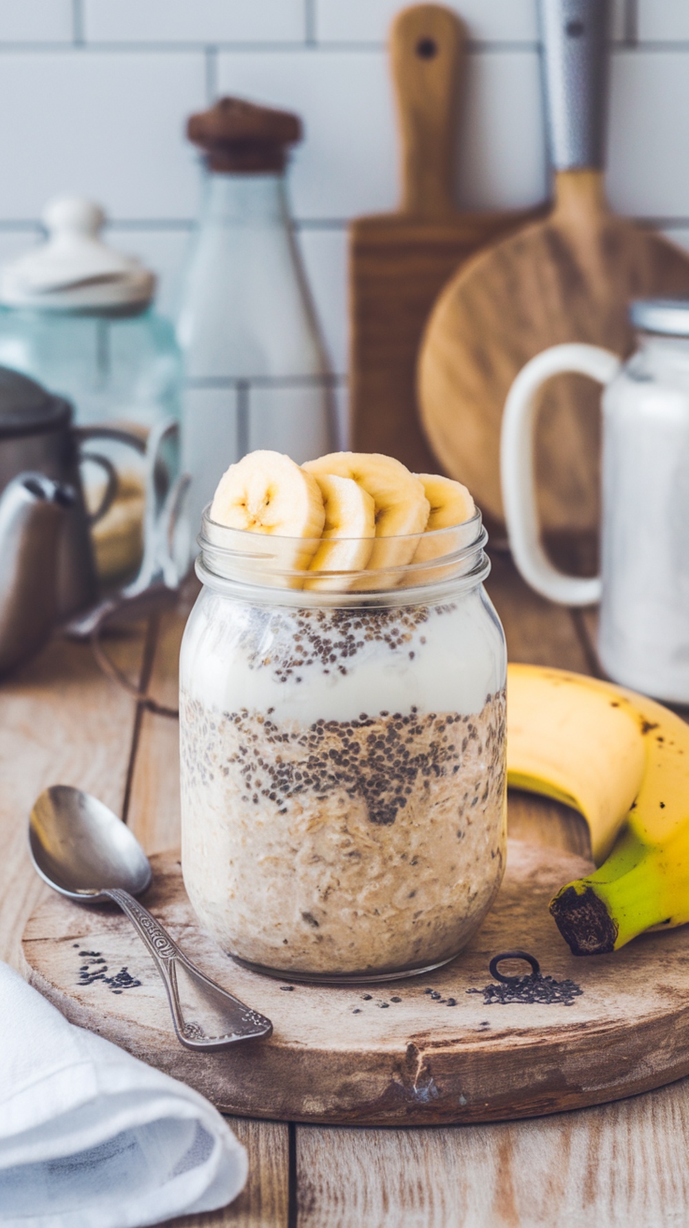 A jar of overnight oats with almond milk topped with banana slices, ready for breakfast.
