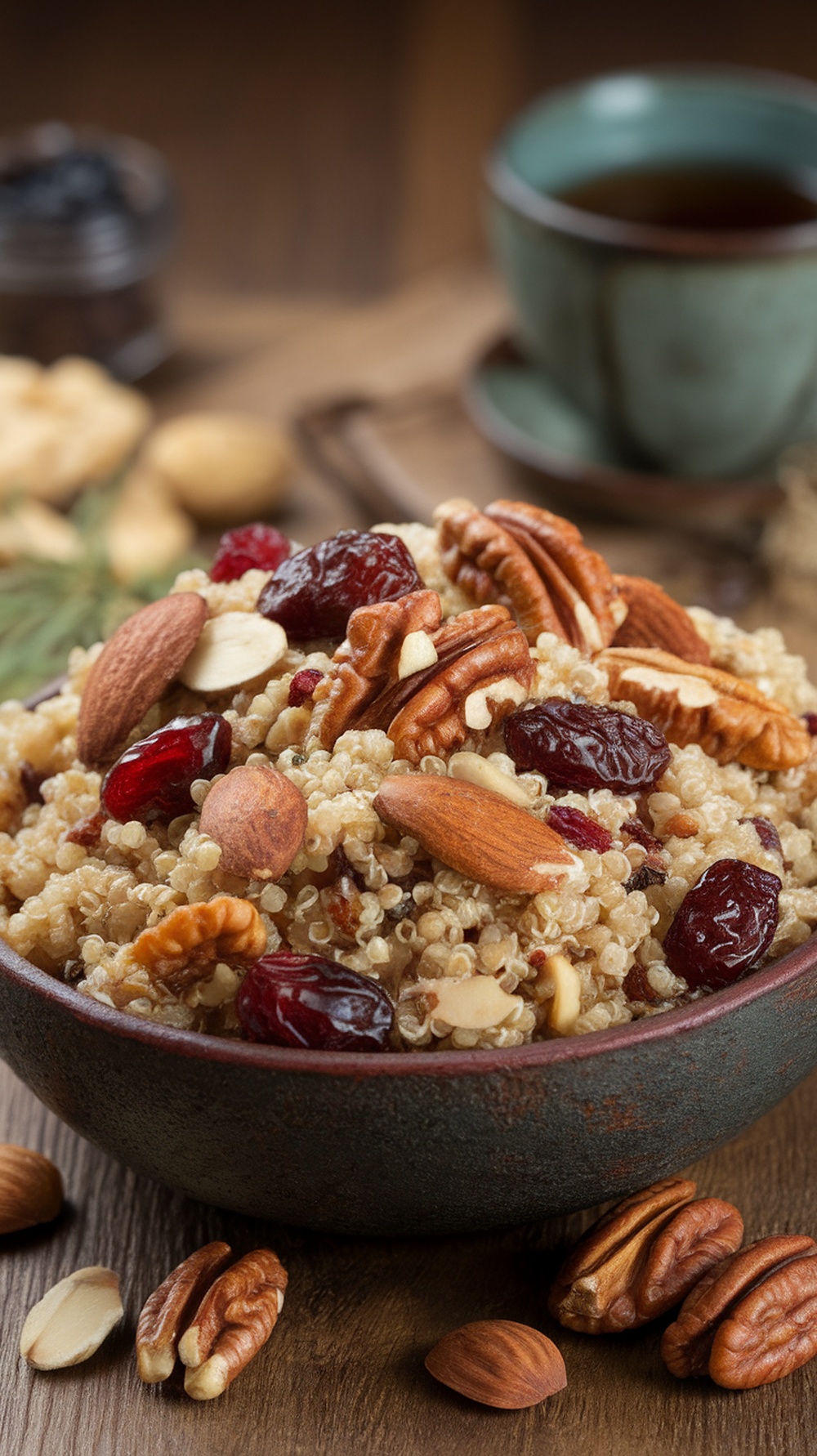 A quinoa breakfast bowl topped with nuts and dried fruits.