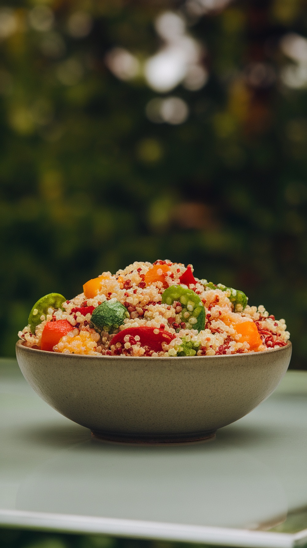 Bowl of savory quinoa with colorful vegetables