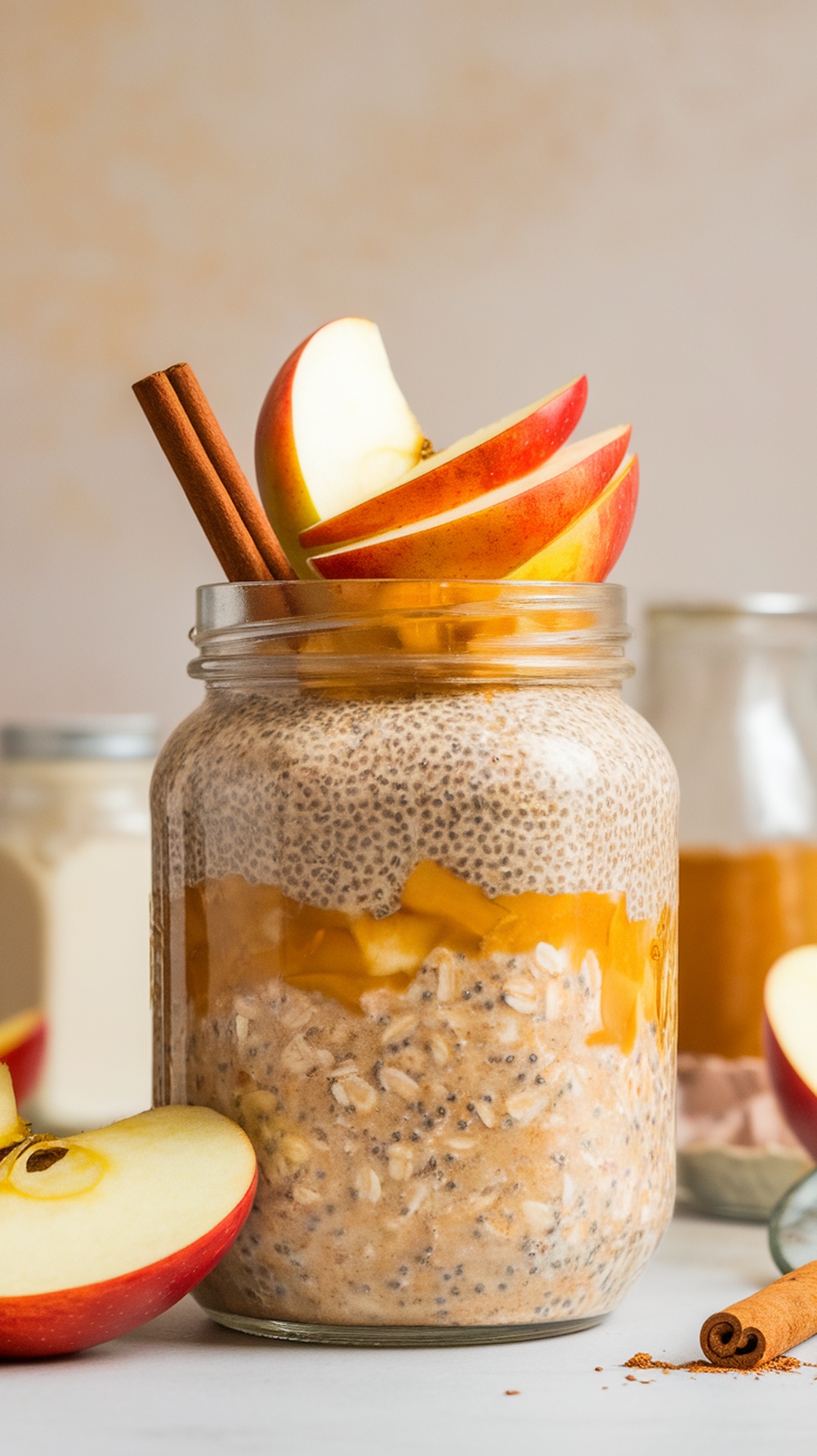 A jar of spiced apple chia overnight oats topped with apple slices and cinnamon sticks.