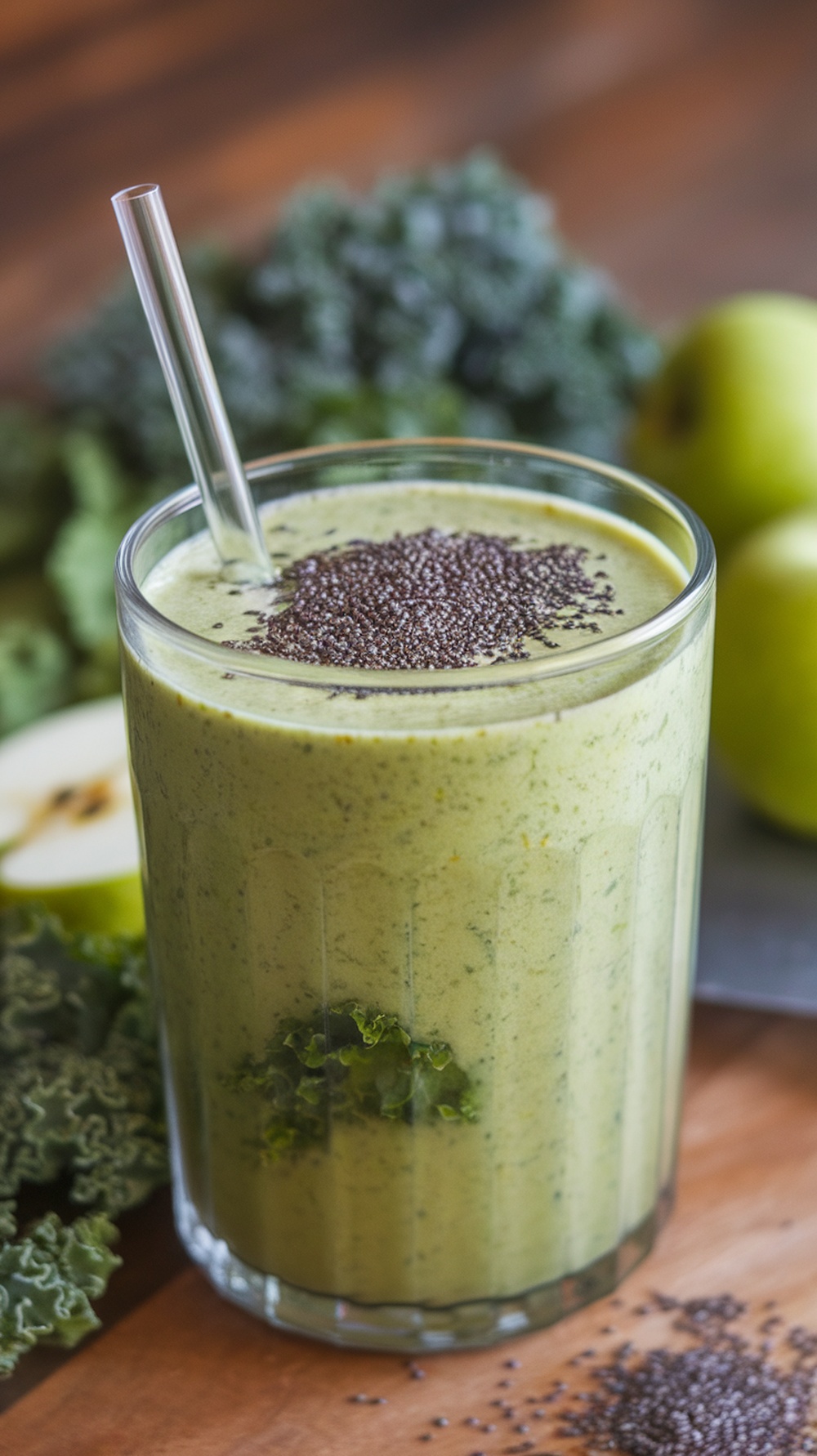 A refreshing veggie smoothie made with kale and apples, garnished with chia seeds.